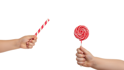 Two small hands hold a peppermint stick and a spiral lollipop against a black background. Simple and vibrant