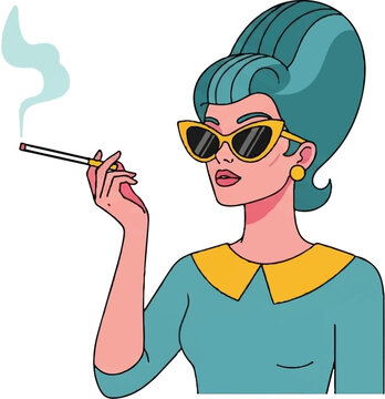 A stylish woman with a beehive hairstyle, cat-eye sunglasses, and cigarette holder, puffing smoke