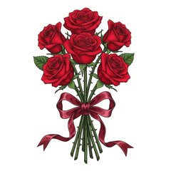 Beautiful bouquet of red roses with elegant red ribbon