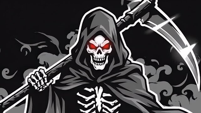 Skeletal grim reaper character with scythe and hooded robe against dark background illustration