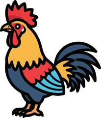 A vibrant, cartoon-style illustration of a rooster with a red comb, yellow body, and blue tail feathers