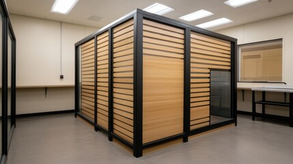 Modern, minimalist office cubicle with wooden slats, glass accents, and bright lighting in a clean workspace.