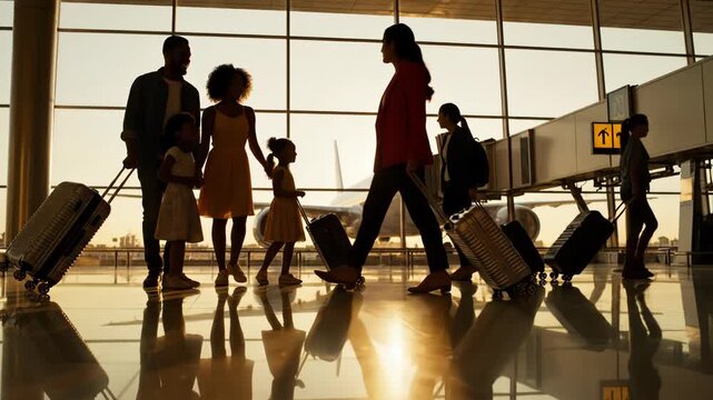 Silhouette of a diverse family with luggage at an airport during sunset with airplane in background