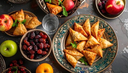 Festive table with samosas, fruits, dates, and water on rustic surface, celebrating tradition and hospitality.