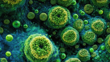 Microscopic view of cellular structures and spheres