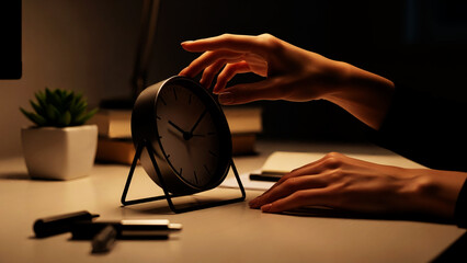 A hand adjusting an analog alarm clock in a dimly lit room
