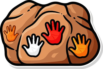 Obraz premium An illustration of a brown rock adorned with colorful handprints in red, white, and orange, depicting ancient art