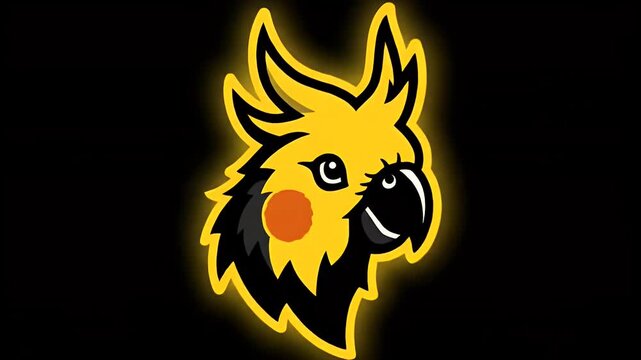 Yellow cockatiel bird head cartoon illustration mascot style on dark background with flare