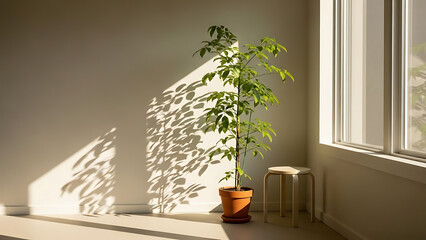 Sunlit indoor plant near window with shadows on wall creating serene atmosphere
