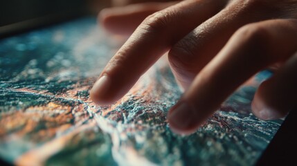 Person touching a digital screen with abstract colors