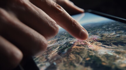 Person touching digital map on tablet screen