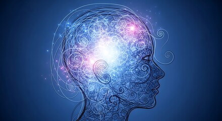 Human Head with Glowing Brain Illustration.