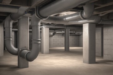 Gray sewer pipes create a functional basement drainage system in a modern home, designed for efficient water management and preventing flooding