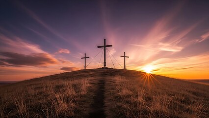 Obraz premium Three wooden crosses standing on a grassy hill against a dramatic purple and orange sunset sky, depicting the scene of Calvary.