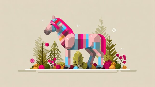 Colorful geometric horse surrounded by stylized nature elements and vibrant decorations for creative projects
