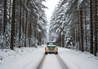 Vintage automobile travels down snow covered forest road framed by evergreen trees