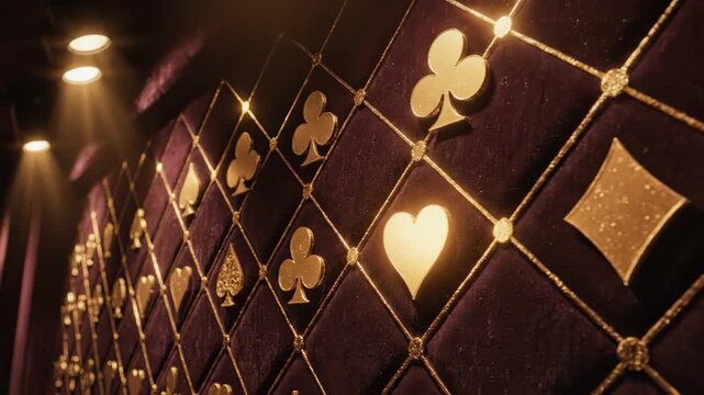 A luxurious display of gold playing card suits on a rich purple velvet wall with diamond pattern and warm lighting effects