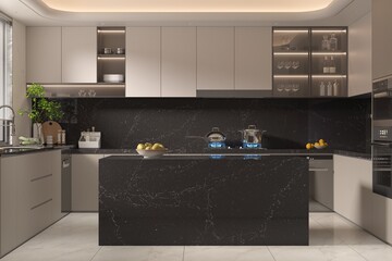Refined kitchen interior showcasing black quartz surfaces, decorative wall tiles, elegant lighting, and balanced decor for a contemporary lifestyle setting. Mockup. 3D Rendering