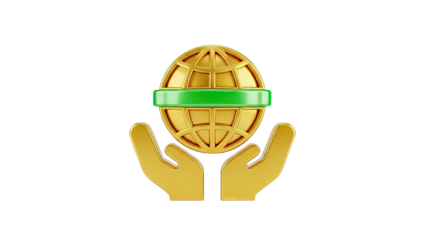 Golden Earth Icon with Caring Hands and Green Ribbon