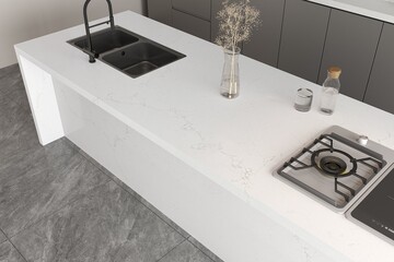 Sophisticated kitchen interior with layered tile textures, calacatta quartz counters, metallic fixtures, and warm lighting creating a premium atmosphere. Gray ceramic flooring. Mockup. 3D Rendering