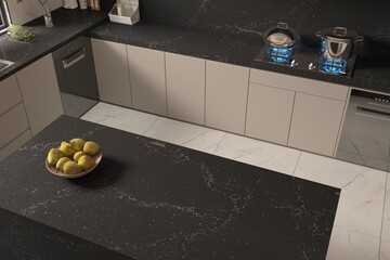 Top view. Modern open kitchen design with marble backsplash, seamless cabinetry, soft decor accents, and natural light highlighting refined materials. Mockup. 3D Rendering