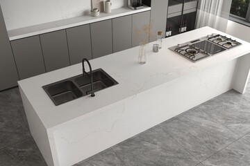 Closeup bright luxury kitchen interior with quartz worktops, patterned tile walls, integrated storage, and subtle decor enhancing the modern aesthetic. 3D Rendering