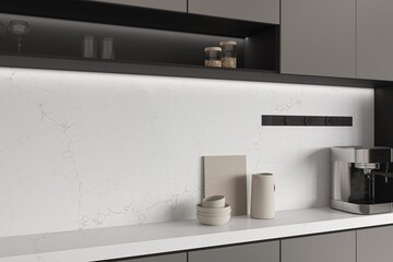 Elegant kitchen design showcasing polished marble surfaces, decorative ceramic tiles, and open shelving paired with warm-toned interior styling. Mockup. 3D Rendering