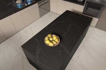 Luxurious kitchen interior with veined marble countertops, textured wall tiles, warm wooden cabinets, and soft pendant lighting creating a refined cooking space. Mockup. 3D Rendering