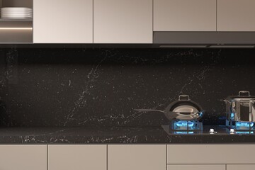 Minimal kitchen space featuring smooth marble countertops, matte cabinets, tiled flooring, and carefully placed decor elements for a clean look. 3D Rendering. Mockup