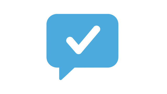 Blue speech bubble with white checkmark icon. Flat vector illustration of verified message, approval feedback, and social media confirmation symbol isolated on white background.