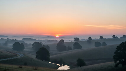 Sunrise over rolling hills with misty landscape and winding road