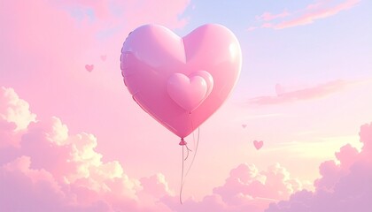 Pink sky with large heart balloon floating among pastel clouds, dreamy and romantic atmosphere.
