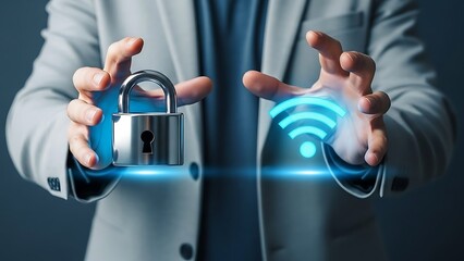 Businessman protecting network security with padlock and wifi symbol