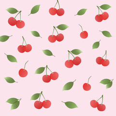 さくらんぼの北欧風パターン（ピンク）ー やさしい淡ピンクにチェリーと葉を配したミニマルな北欧テイストのパターン。デザインペーパー、マスキングテープ、マスキングシールブック、フレークシール、クリアファイル、手帳デコ素材、ノート表紙、ハンカチ、ミニタオル、箸、マグカップ、皿、キッチンクロス、キッチン雑貨、ポーチ等に最適。