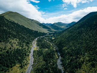 Aerial view of beautiful high altitude forest mountain landscape