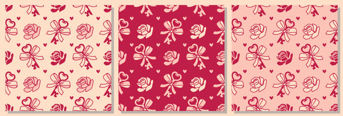 Collection of classic romantic seamless patterns featuring roses and bows in a soft pink tone color palette. Timeless designs for fabric, wallpaper, and elegant backdrops.