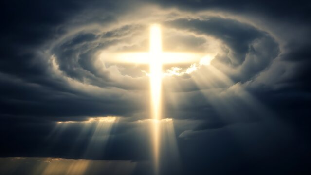 A bright glowing cross of light appearing through a circular opening in dark dramatic storm clouds with divine rays shining down.