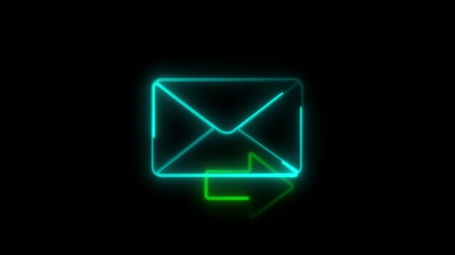 cyan color neon mail envelope icon animated on black background. Email notification icon .envelope icon screen. message alert, incoming notification, Sending mail sign, Email on black background