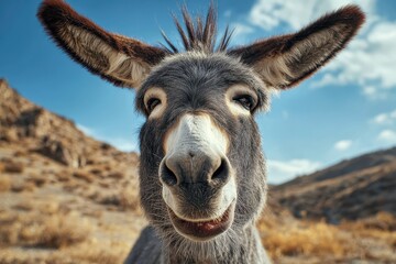 Happy donkey in a serene landscape with mountains, bright sky, and playful expression captured in a realistic manner during daylight hours