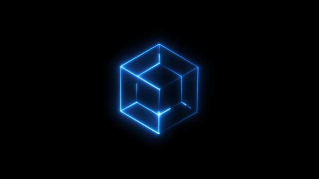 Animation of 3D cube frame over shape effect motion graphic on black background. A neon cube neon icon isolate on a black background. blue color Geometric portal with simple futurism 