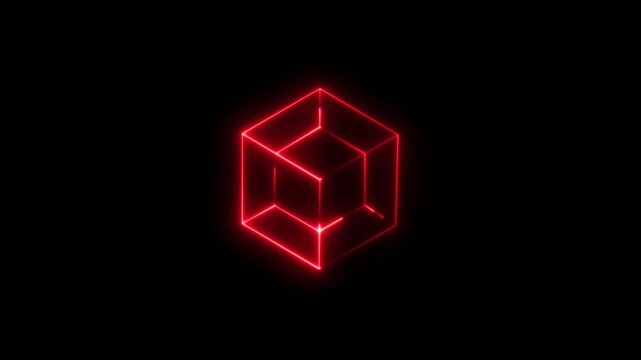 Animation of 3D cube frame over shape effect motion graphic on black background. A neon cube neon icon isolate on a black background. red color Geometric portal with simple futurism 