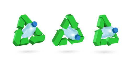 3d green recycling logo, swirling around plastic bottle in three different perspectives, to promote waste separation campaigns on world Recycling day, 3D vector illustration for advertising design