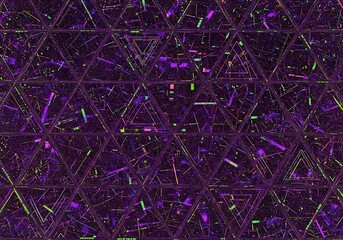 Repeating triangular mosaic pattern displays dark, futuristic digital noise and neon light streaks