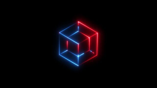 Animation of 3D cube frame over shape effect motion graphic on black background. A neon cube neon icon isolate on a black background. red and blue color Geometric portal with simple futurism 