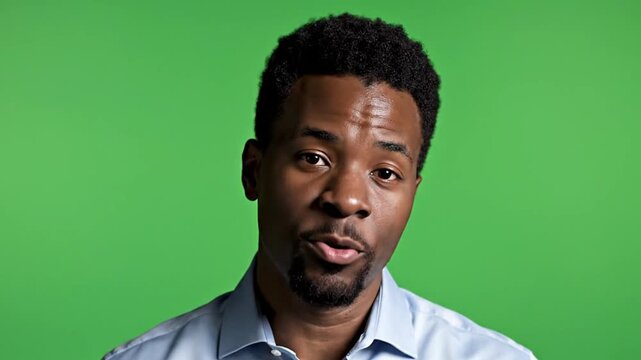 Expressive man speaking to camera on green screen background showing concern explanation and authentic communication for digital media content