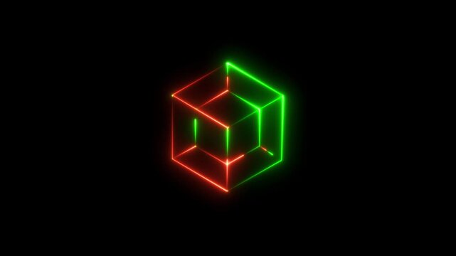 Animation of 3D cube frame over shape effect motion graphic on black background. A neon cube neon icon isolate on a black background. red and green color Geometric portal with simple futurism 
