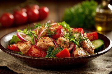 Deliciously prepared old fashioned salad featuring chicken, vibrant red and green vegetables, and greenery served in an elegant rustic bowl