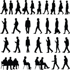 Obraz premium business,people,silhouettes,walking,working,office,professionals,men,women,commuting,urban,lifestyle,corporate,team,meeting,discussion,sitting,standing,isolated,background