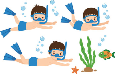 Cute boy snorkeling underwater cartoon vector illustration set with bubbles seaweed fish and swimming poses © Sumon Creative
