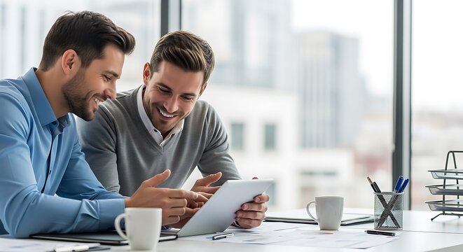 Two men collaborating at office desk together.